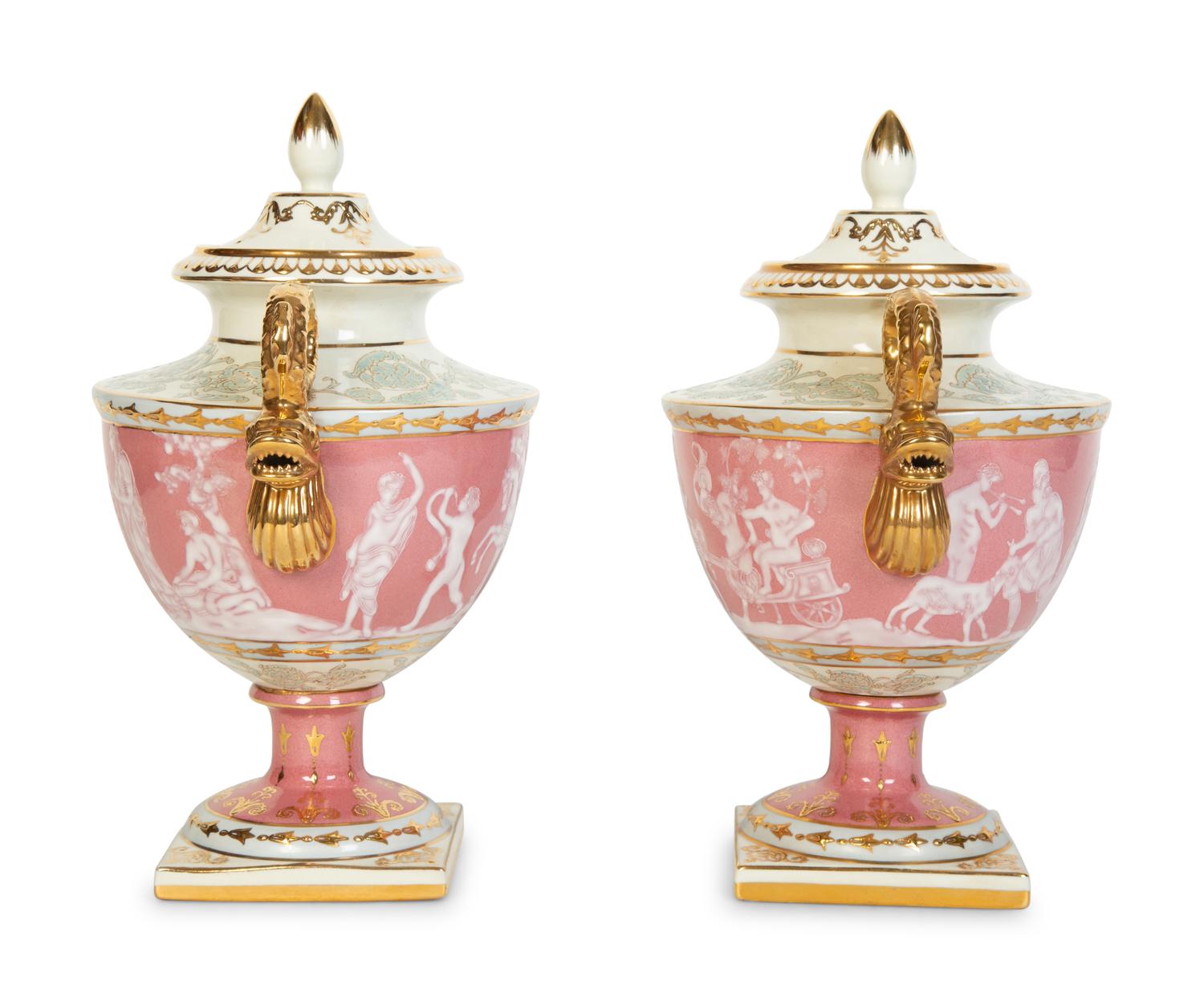 A Pair of Pâte-sur-Pâte Style Porcelain Urns with Gilt Dolphin Handles