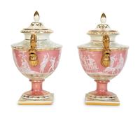 A Pair of Pâte-sur-Pâte Style Porcelain Urns with Gilt Dolphin Handles
