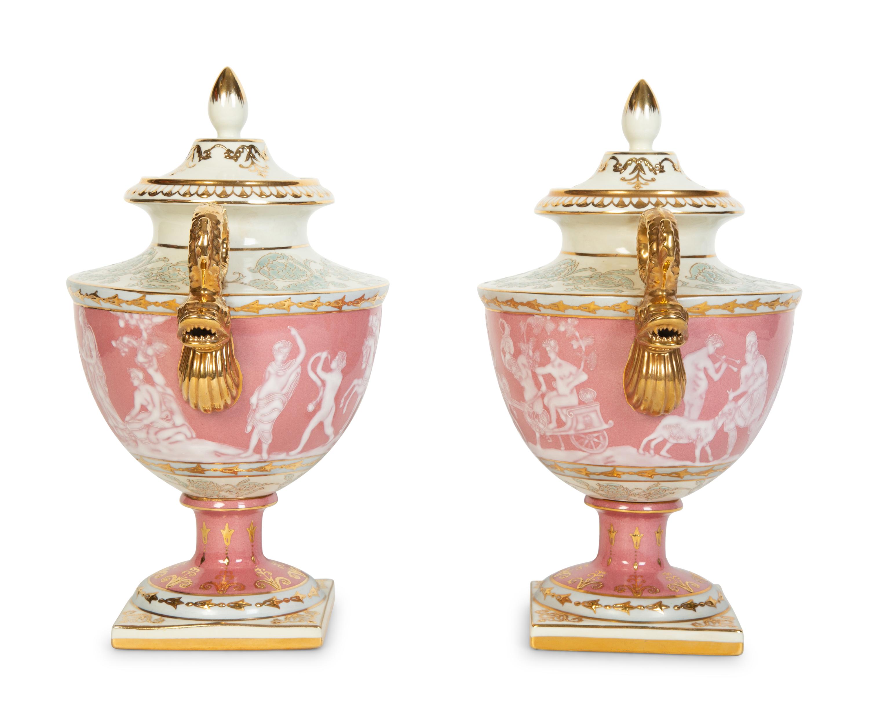 A Pair of Pâte-sur-Pâte Style Porcelain Urns with Gilt Dolphin Handles
