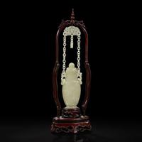 A Chinese pale celadon jade hanging vase and wood stand 白玉吊瓶