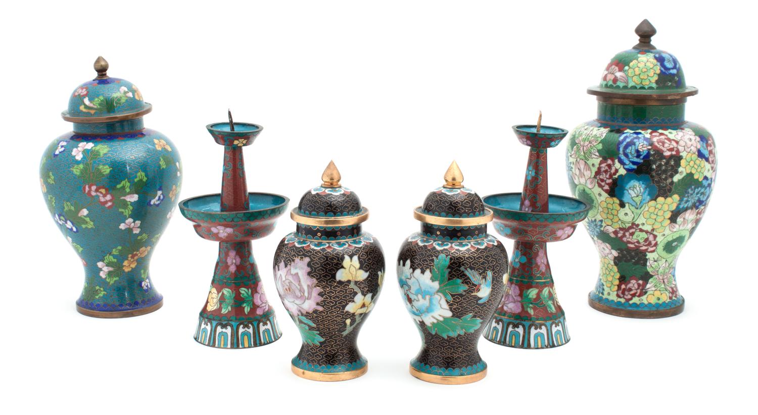 A Collection of Cloisonne Articles Height of tallest 10 inches.