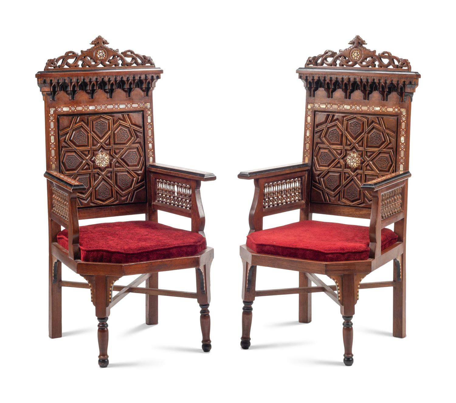 A Pair of Moorish Style Mother-of-Pearl Inlaid Walnut Armchairs