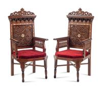 A Pair of Moorish Style Mother-of-Pearl Inlaid Walnut Armchairs