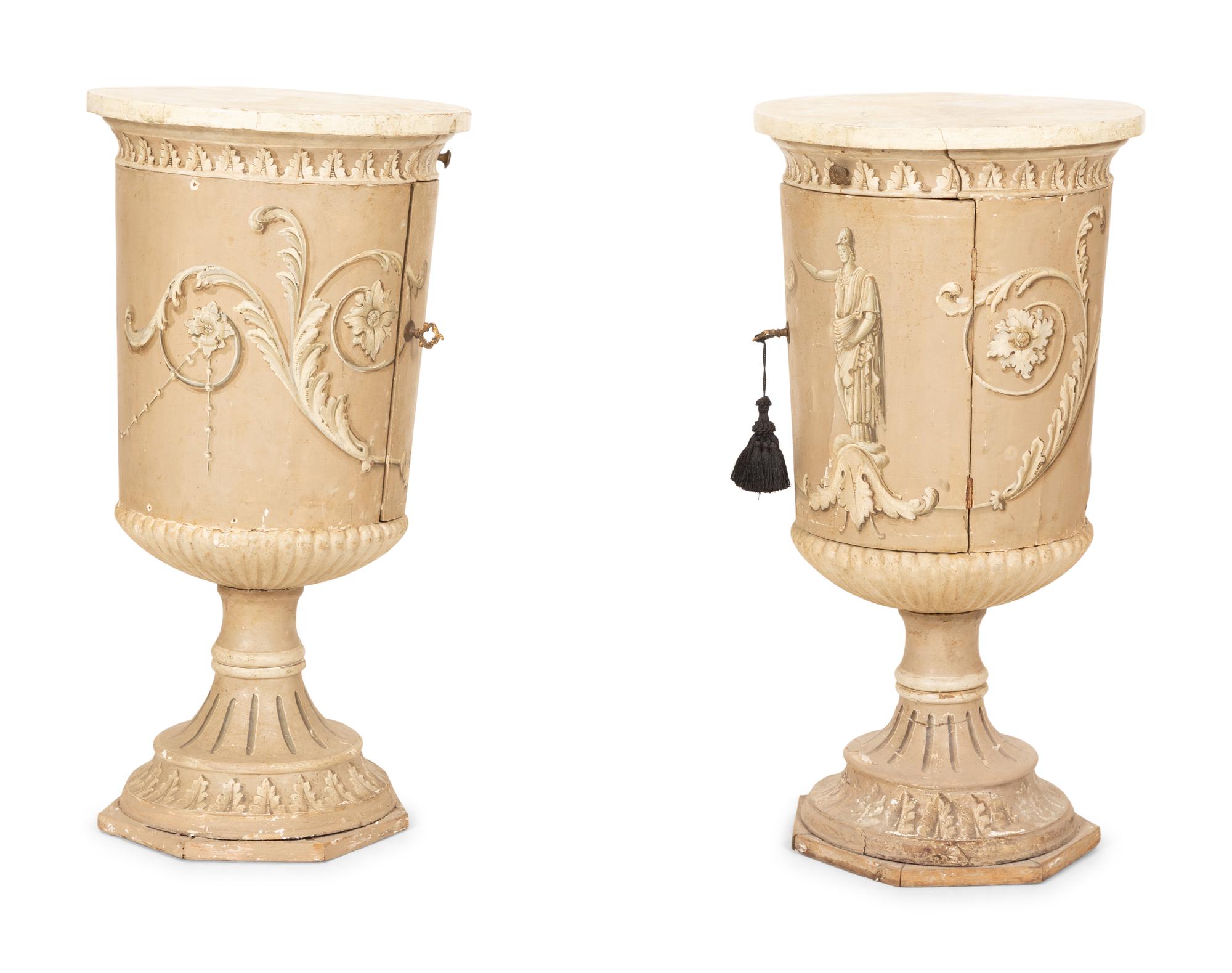 A Pair of Italian Neoclassical Painted Pedestal Cabinets with Faux Marble Painted Tops