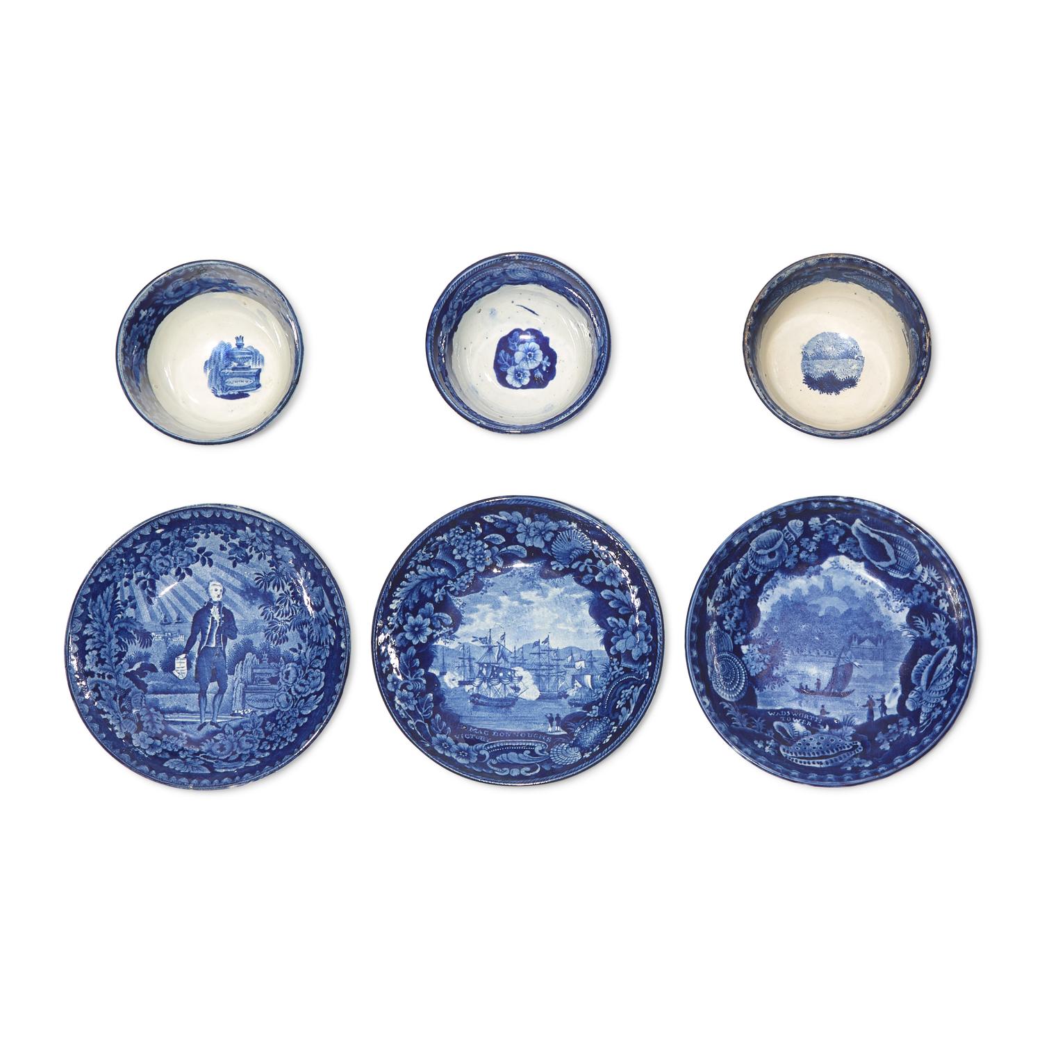Three Staffordshire Historical Blue Tea Bowls and Saucers