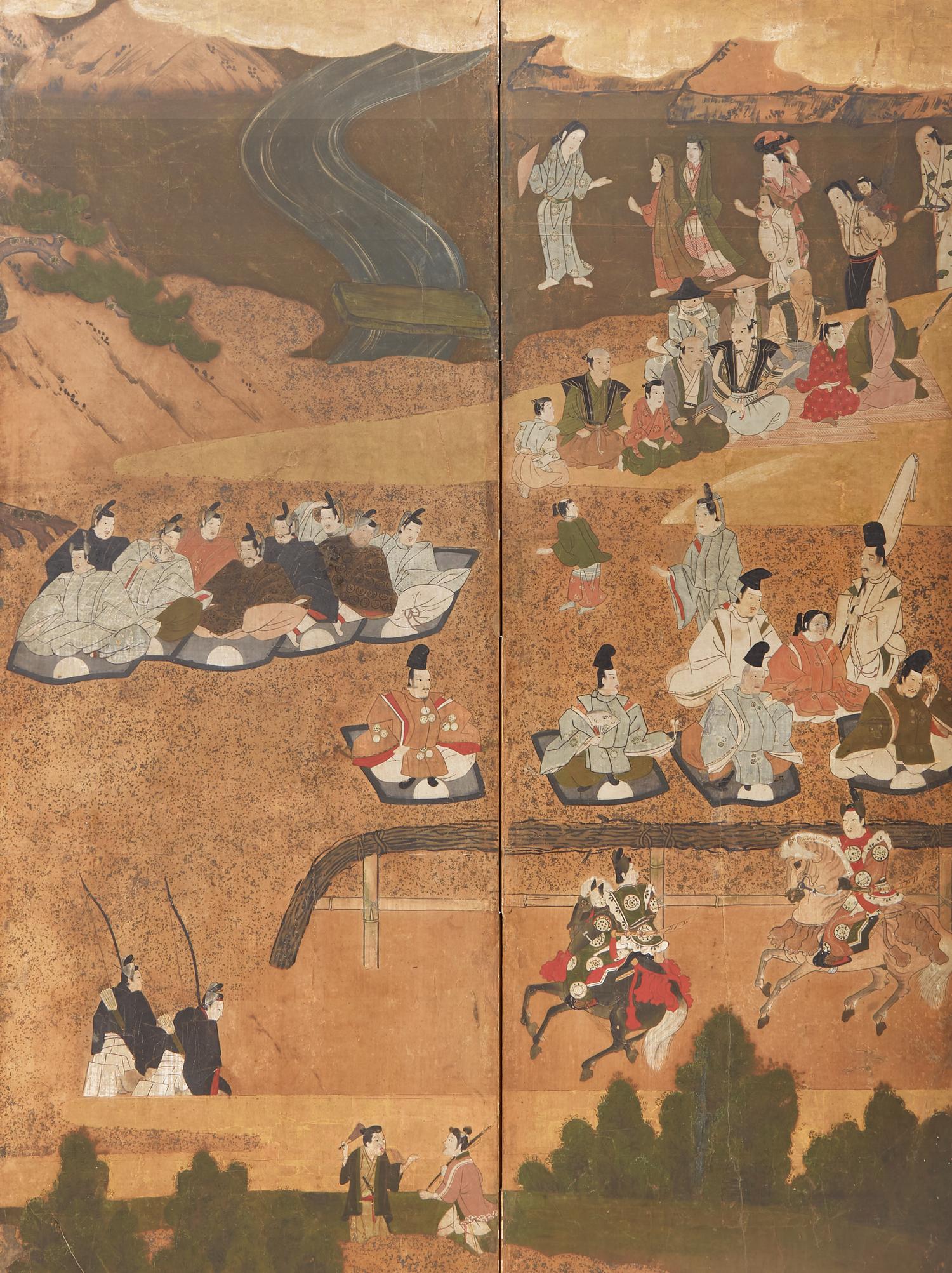 A Japanese Six-Panel Figural Floor Screen, Tosa School, 17th/18th Century