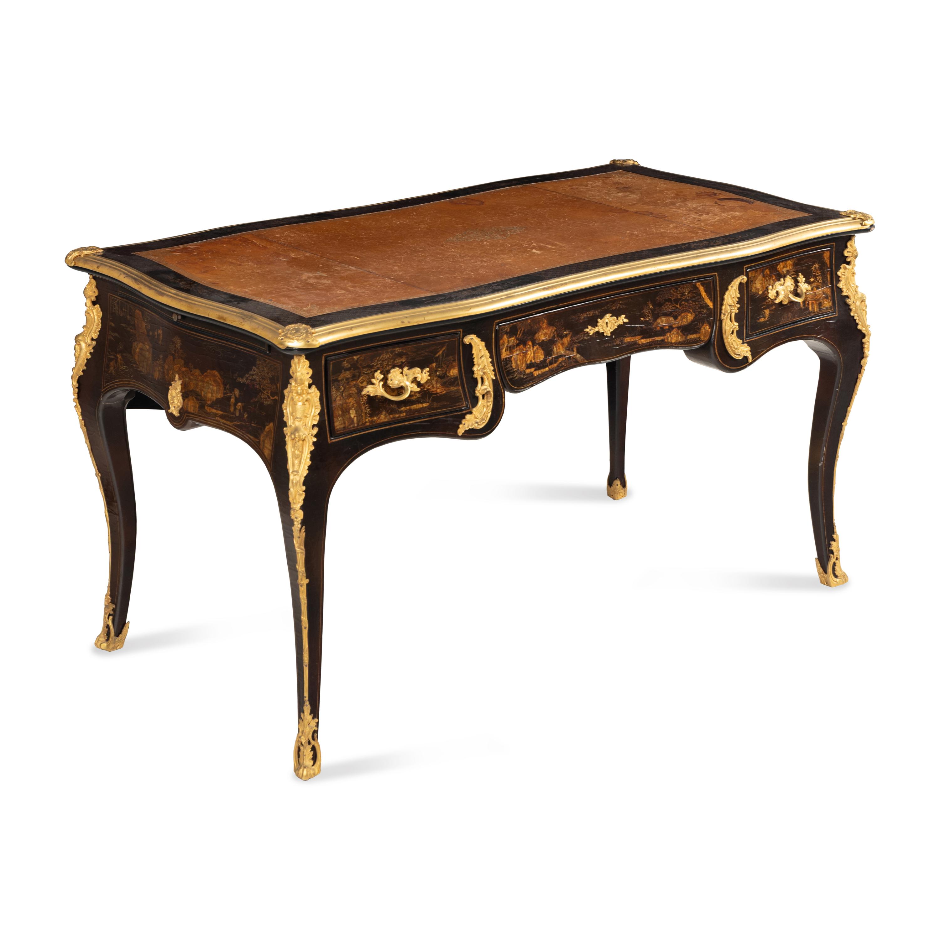 A Louis XV Style Black Lacquer and Gilt Bronze Mounted Bureau Plat