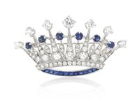 A Platinum, Sapphire and Diamond Crown Brooch, 6.50 dwts.