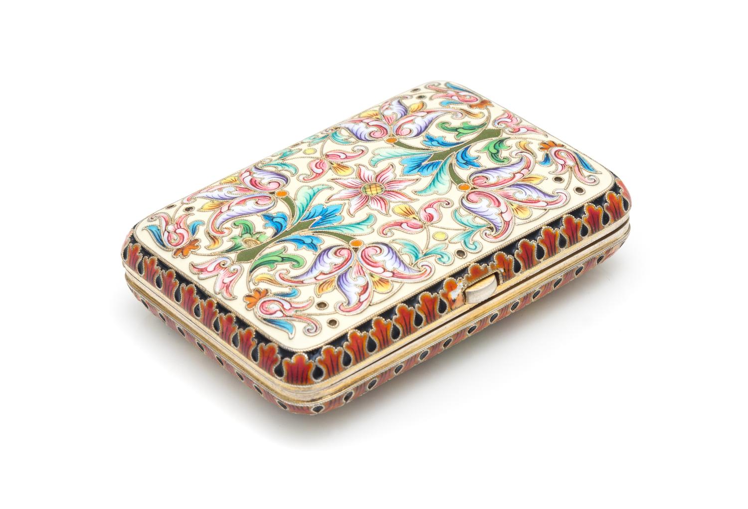 A Russian Enameled Silver Cigarette Case, Assay of Ivan Lebedkin, Moscow, Late 19th/Early 20th Century, the case with polychrome floral