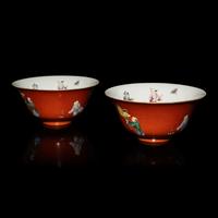 A Pair of Chinese Coral-Red Ground Famille Rose Porcelain Bowls, Late 19th-20th Century — 清晚期 珊瑚紅地粉彩童子圖碗一對