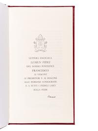 POPE FRANCIS (Jorge Mario Bergoglio, b.1936). Lettera enciclica Lumen Fidei del sommo pontefice Francesco ai vescovi ai presbiteri e ai diaconi alle persone consacrate e a tutti i fedeli laici sulla fede . [Vatican City]: Tipografia Vaticana, [c.2013].