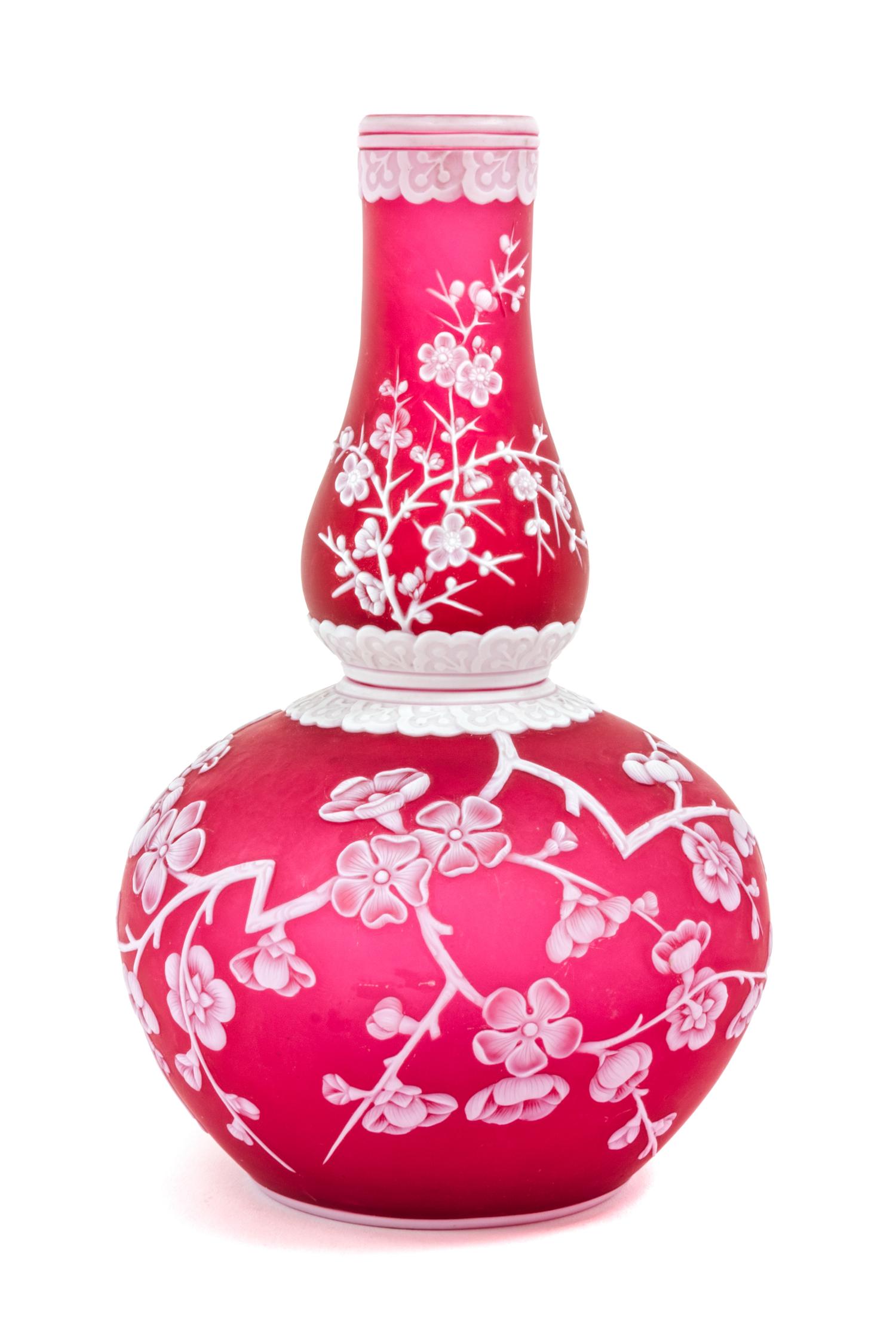 English, LATE 19TH CENTURY, a cameo glass vase, of double gourd form with prunus decoration, unmarked