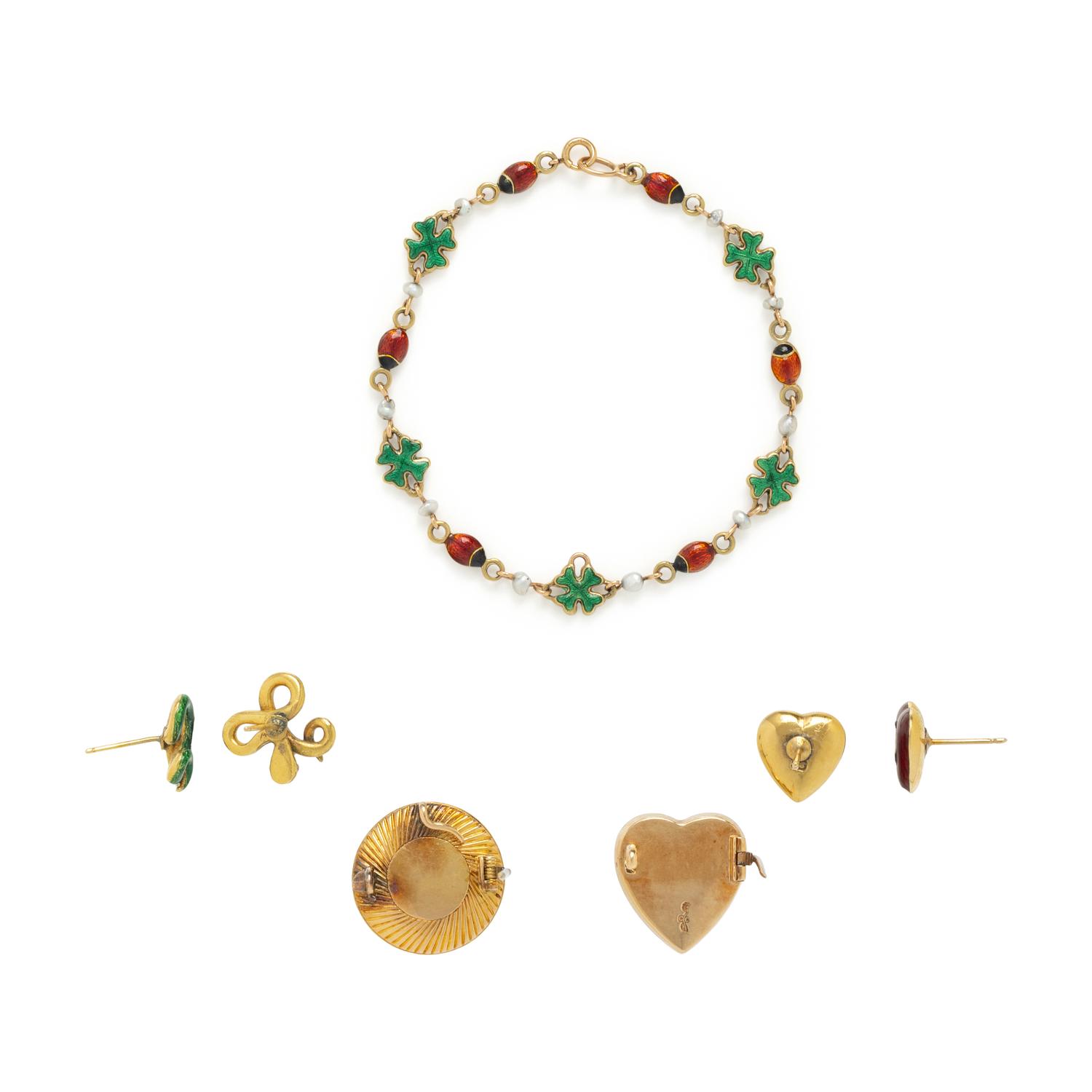 ANTIQUE, COLLECTION OF ENAMEL, SEED PEARL, DIAMOND, AND YELLOW GOLD JEWELRY