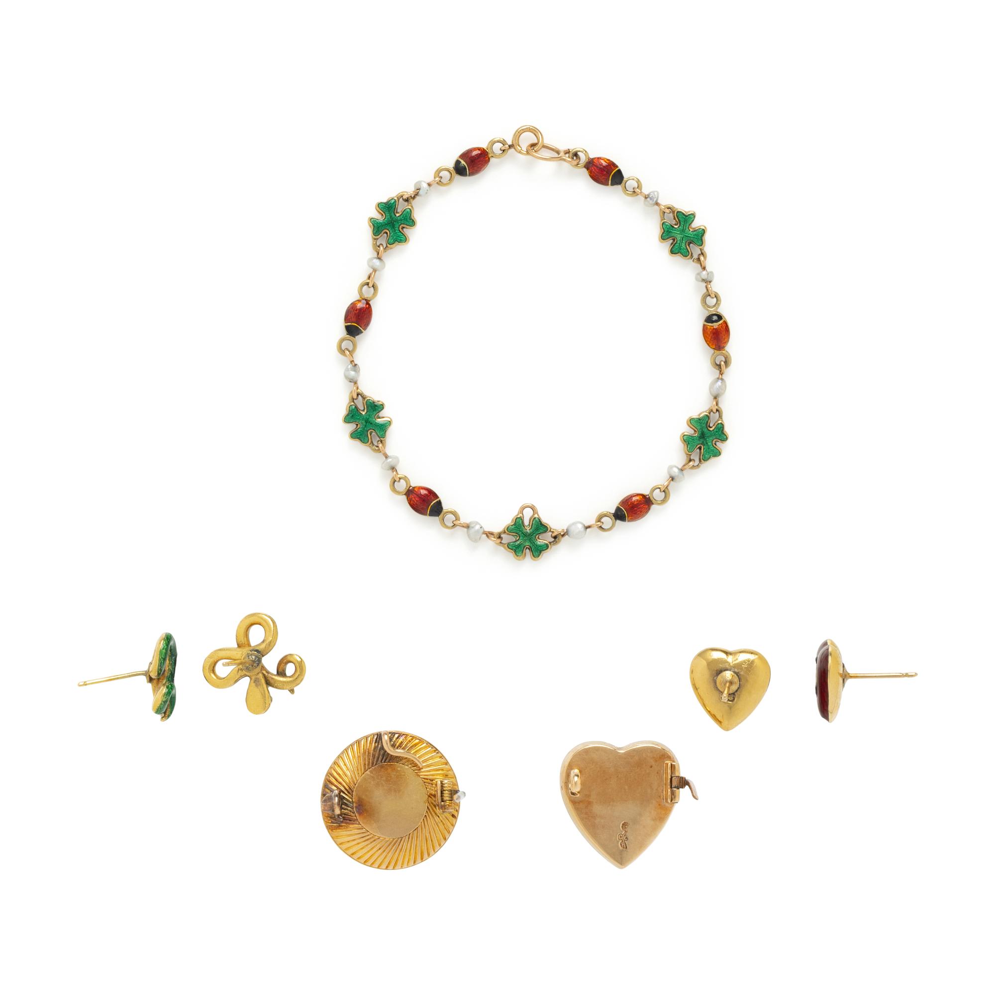 ANTIQUE, COLLECTION OF ENAMEL, SEED PEARL, DIAMOND, AND YELLOW GOLD JEWELRY