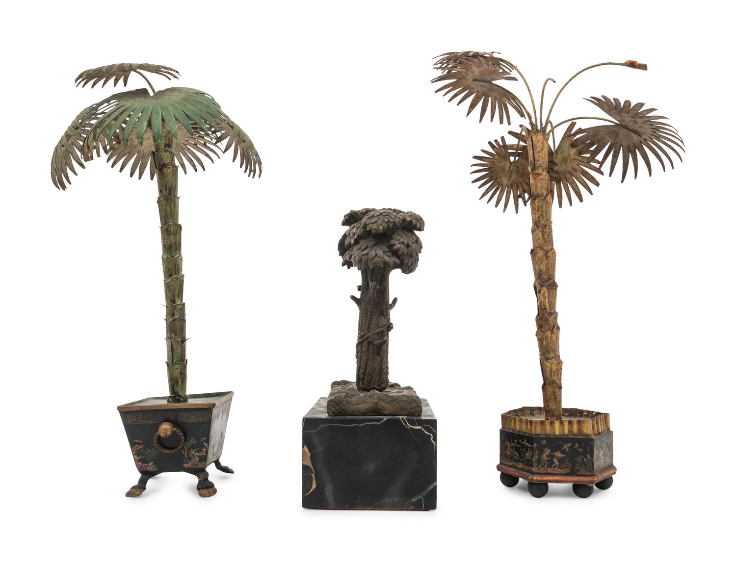 Two Cast Metal Models of Palm Trees and a Bronze Model of a Tree on a Marble Base