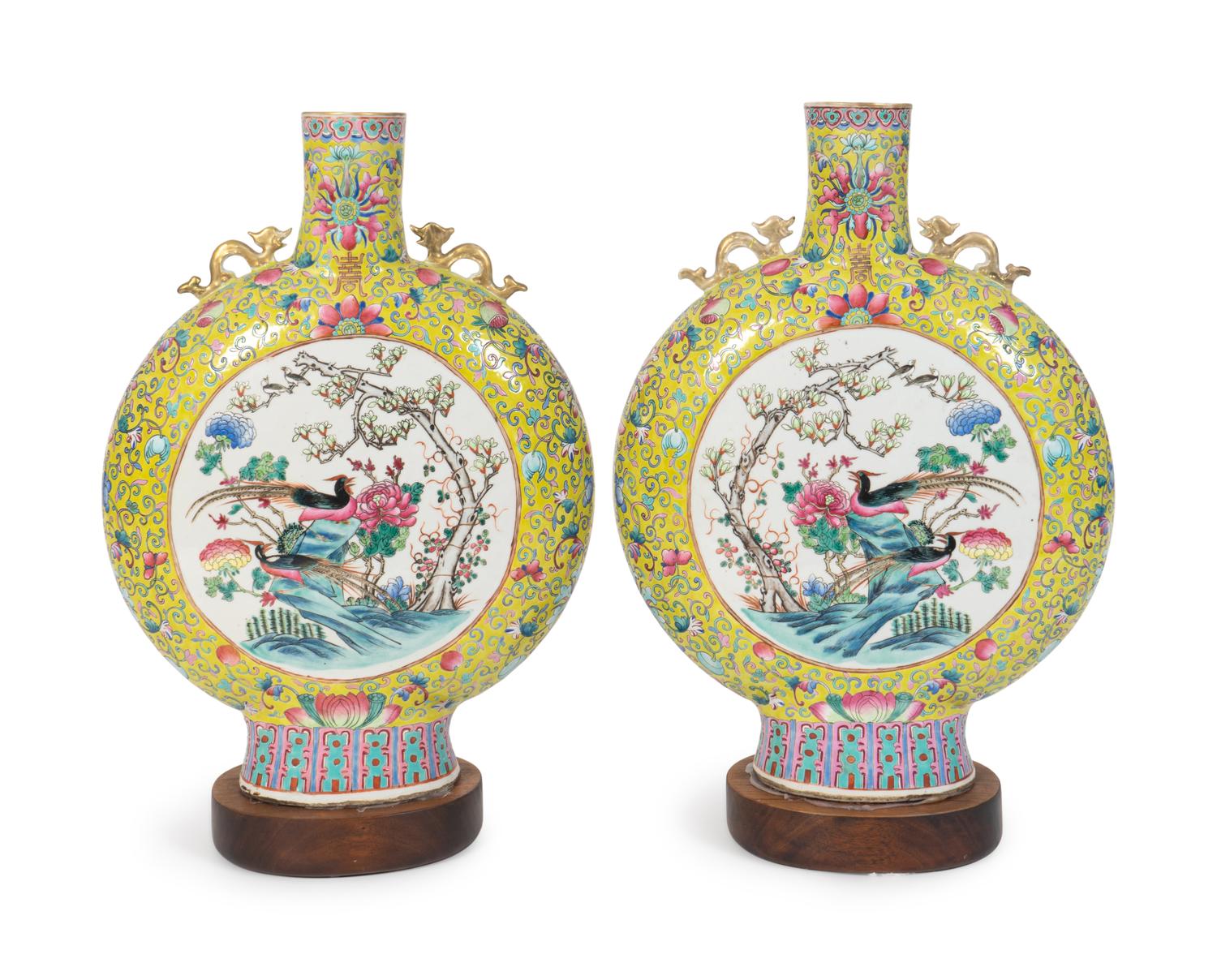 A Pair of Chinese Famille Rose Porcelain Moon Flasks