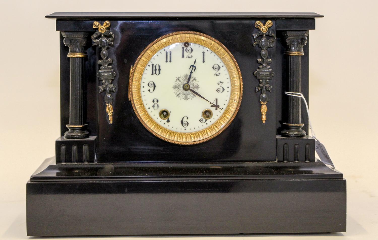A Victorian Slate Mantle Clock Width 13 3/4 inches. — 19TH CENTURY
