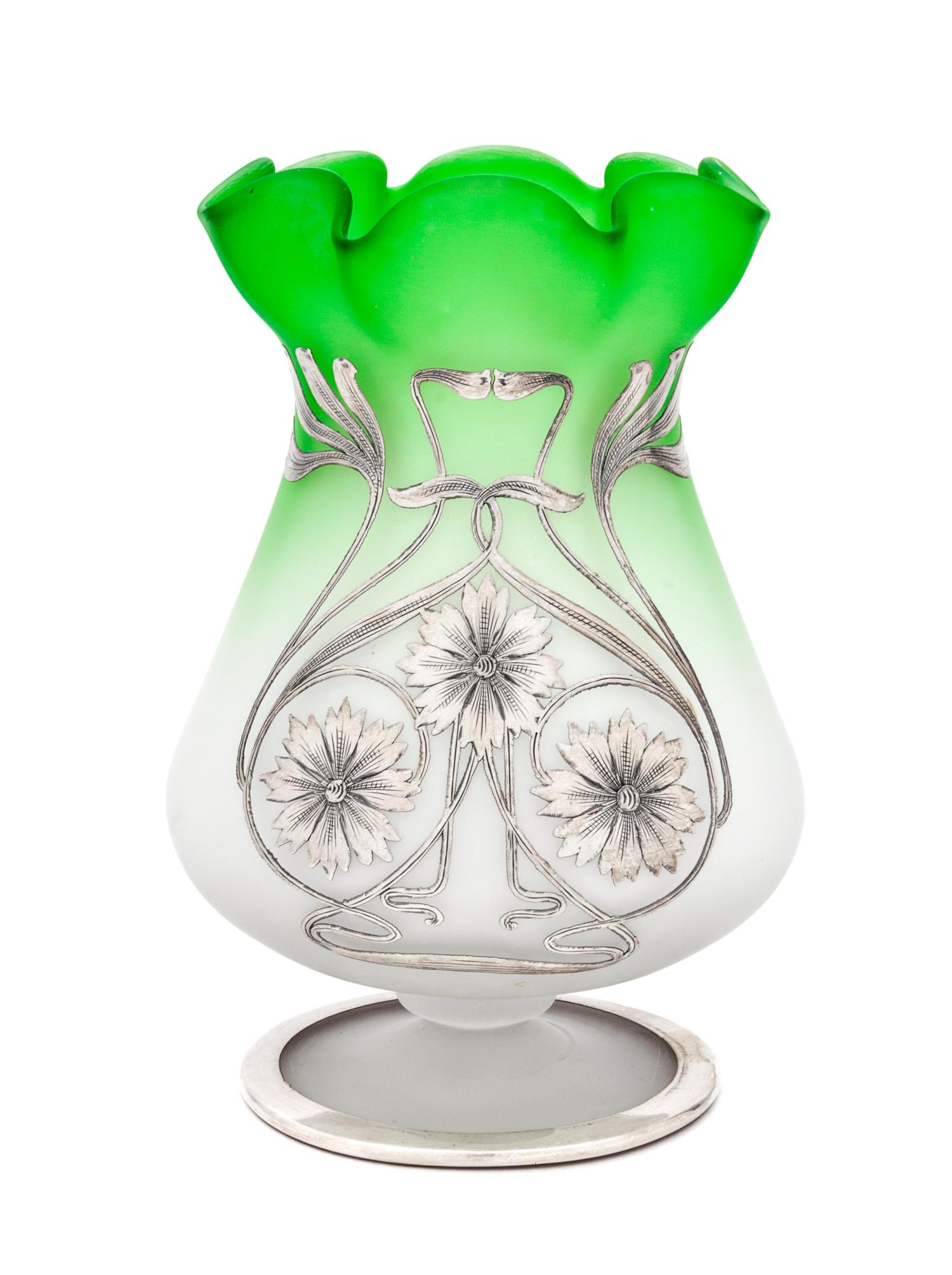 An Art Nouveau Silver Overlay Frosted Glass Vase Height 6 5/8 inches.