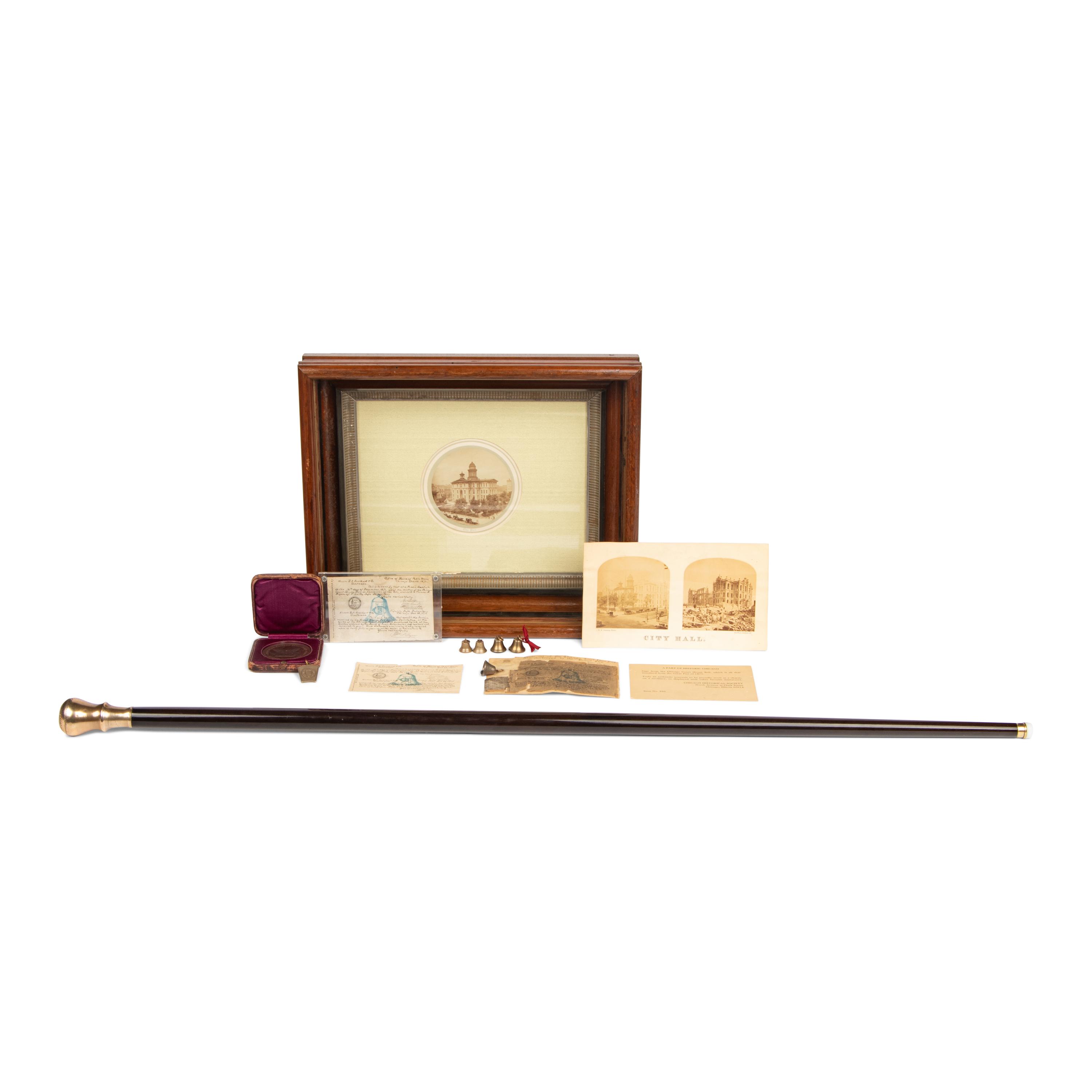 [Chicago Fire]. A group of artifacts relating to the Chicago courthouse bell, ca 1871-1877, comprising: