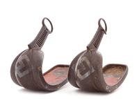 A Pair of Japanese Silver and Bronze Inlaid Iron Stirrups, Abumi Height 10 1/8 x length 11 3/4 inches.