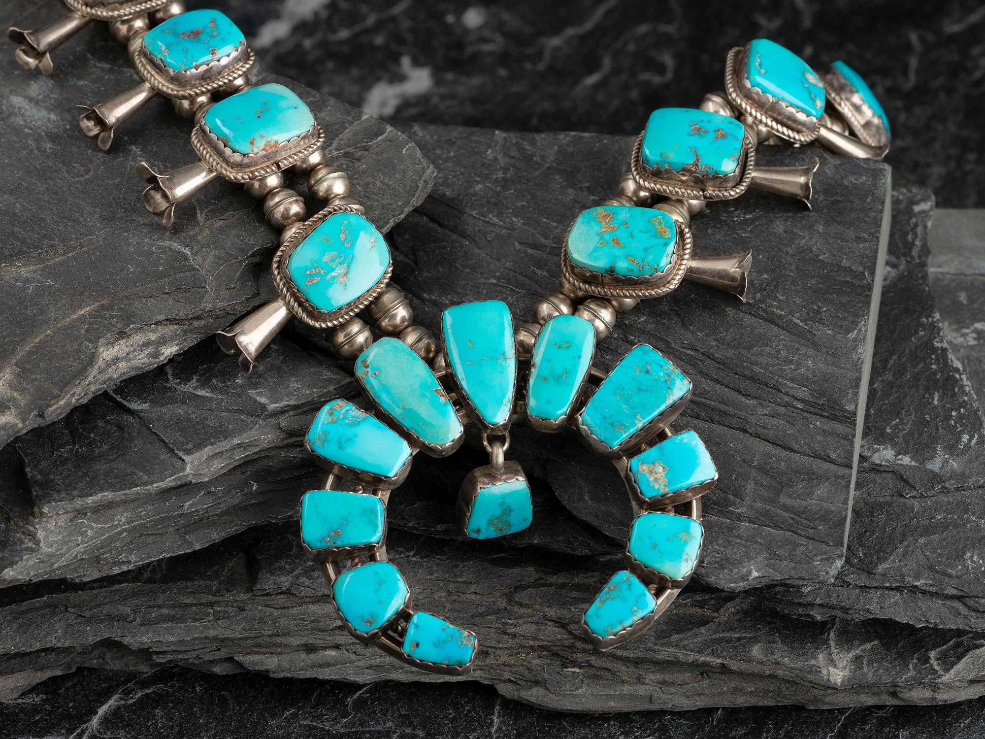 Navajo Silver and Turquoise Squash Blossom Necklace