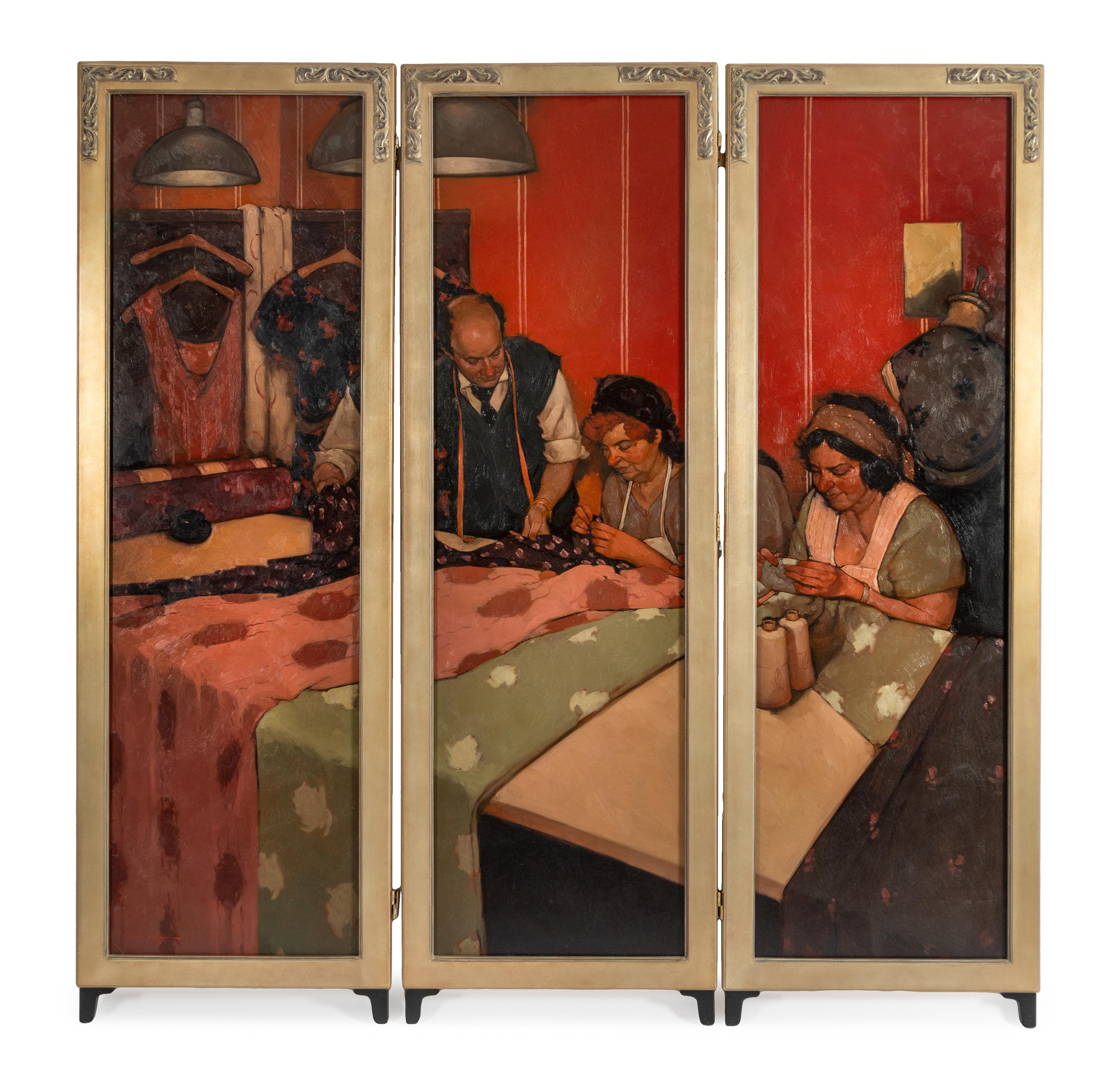 Joseph Lorusso (American, b. 1966) — Getting Fitted (Three-Panel Screen)