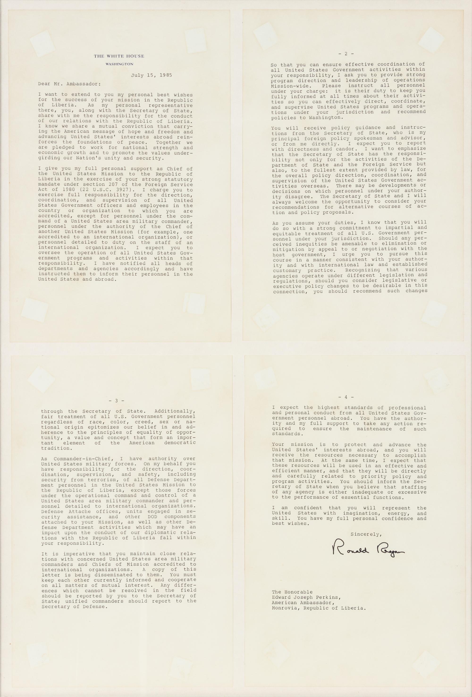 REAGAN, Ronald Wilson (1911-2004). Typed letter signed (“Ronald Reagan”), to Edward Joseph PERKINS (1928-2020), U.S. Ambassador to Liberia from 28 August 1985 to 22 October 1986. The White House, Washington, D.C., 15 July 1985.