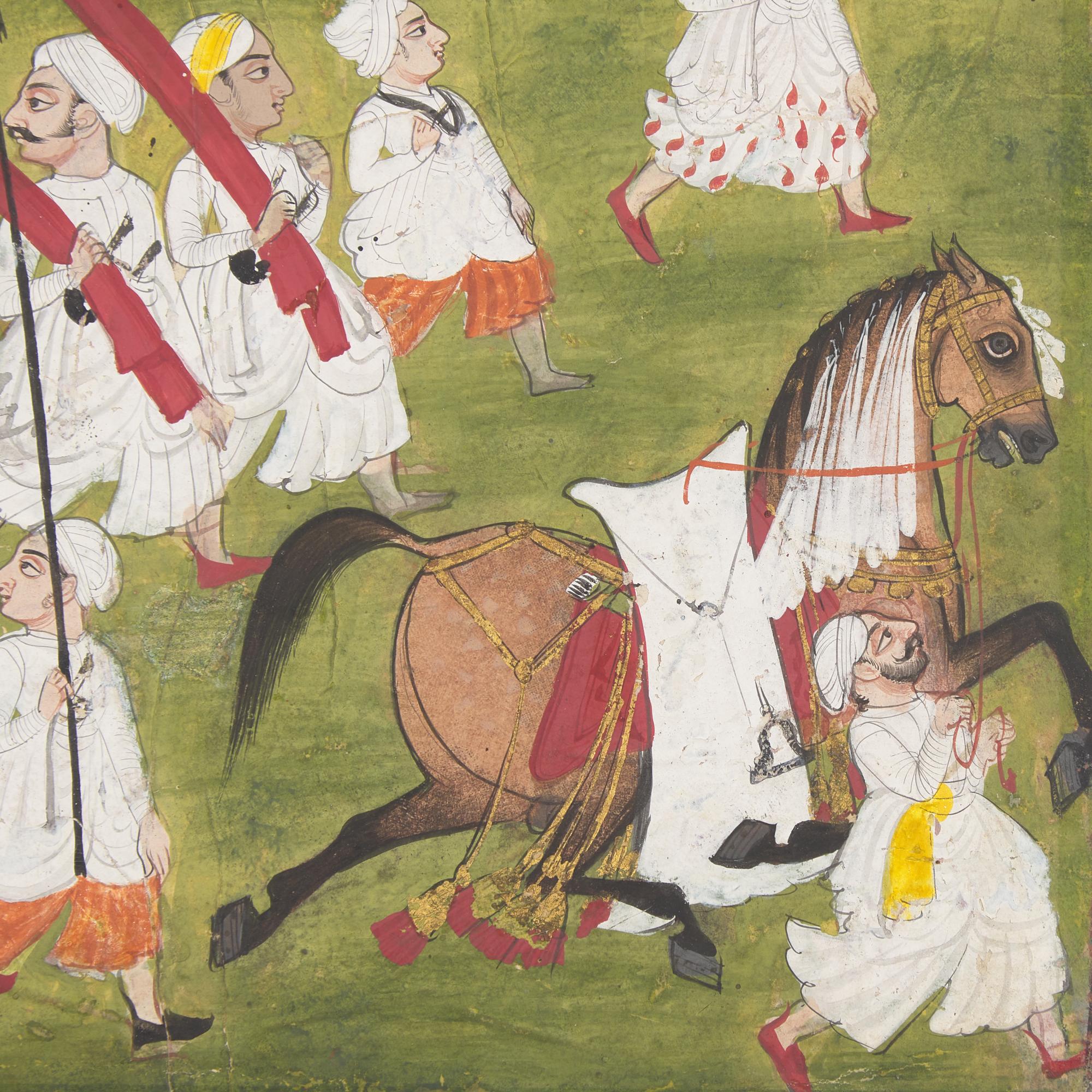 A Portrait Painting of a Royal Procession with Two Equestrian Princes, Rajasthan, Mewar, First Half of 18th Century
