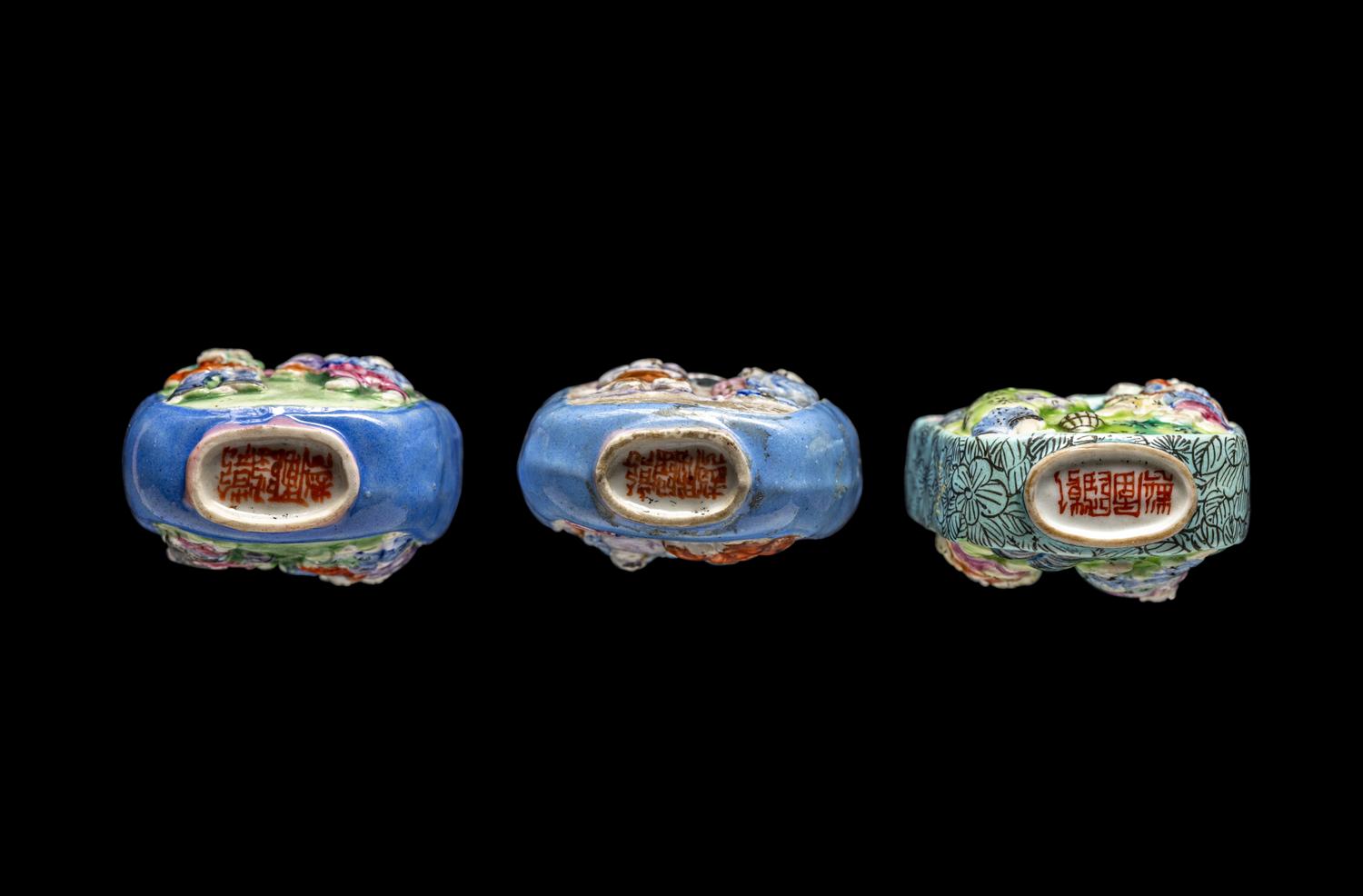 RELEASED TO MUSEUM - Three Chinese Famille Rose Molded Porcelain Snuff Bottles