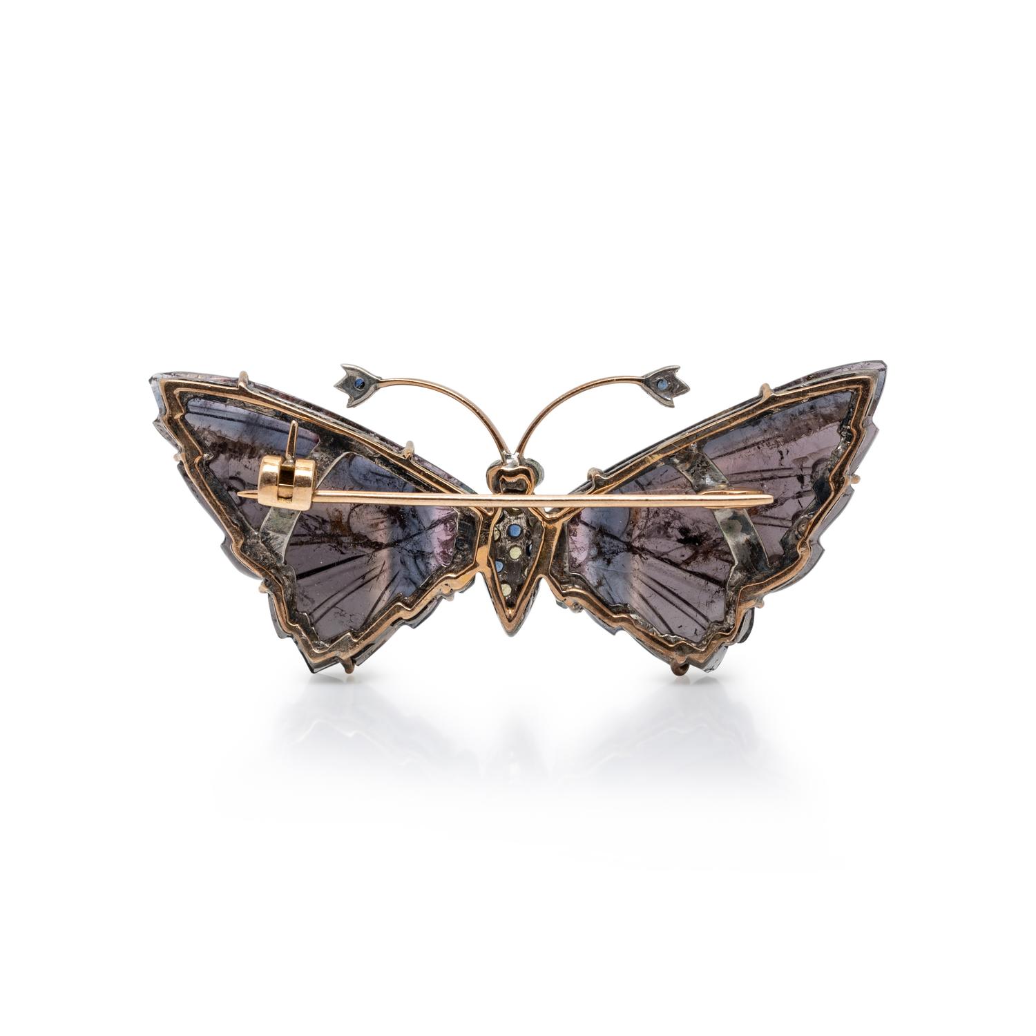 CARVED TOURMALINE AND MULTIGEM BUTTERFLY BROOCH