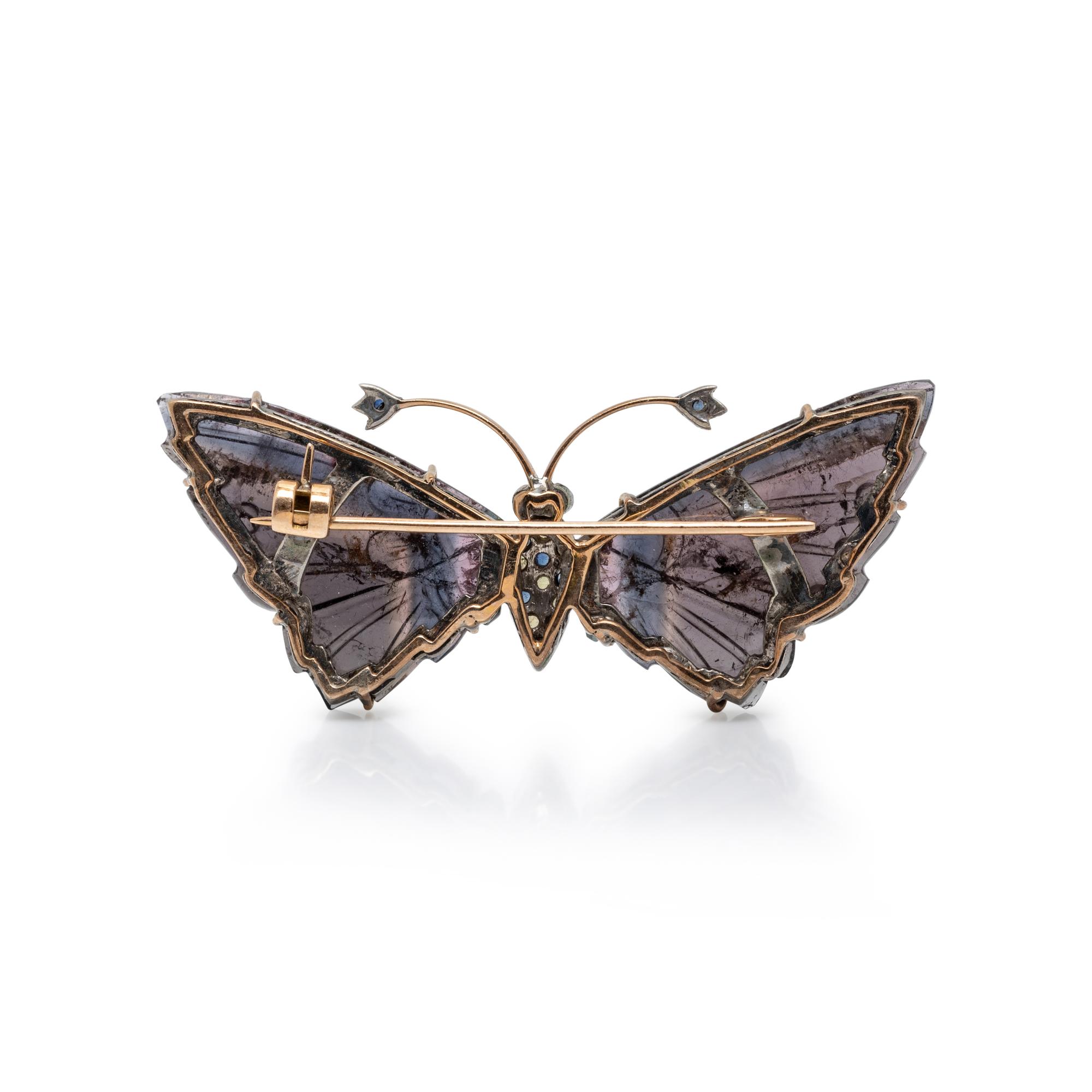 CARVED TOURMALINE AND MULTIGEM BUTTERFLY BROOCH