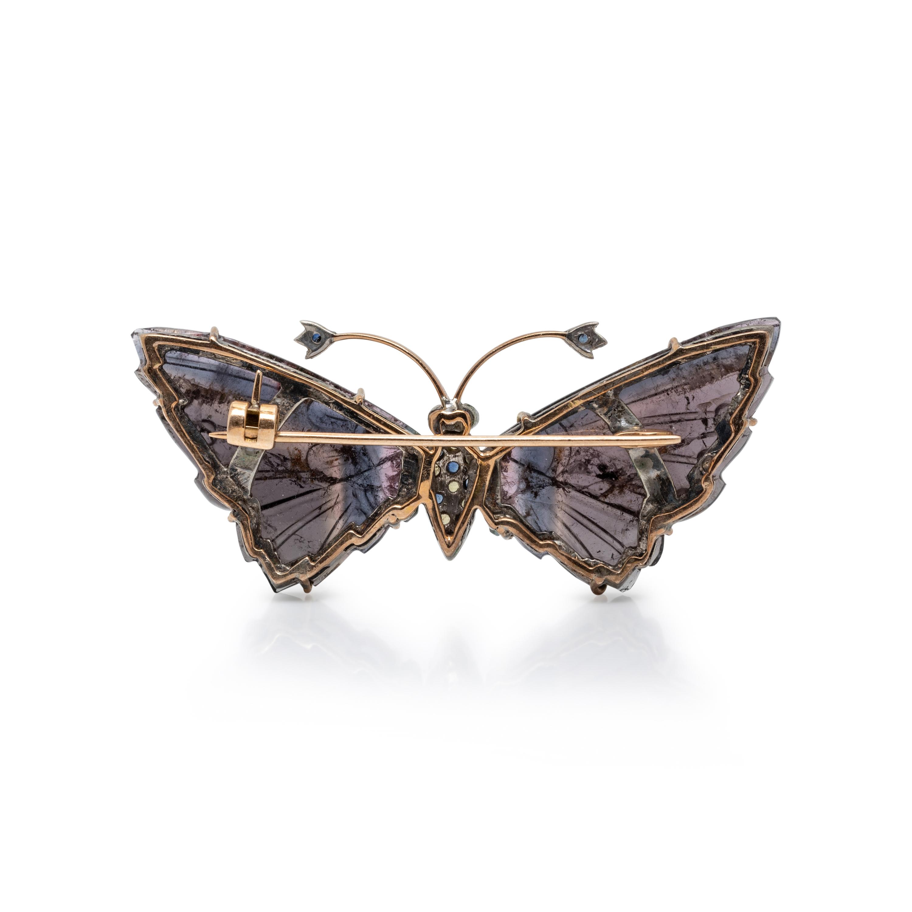 CARVED TOURMALINE AND MULTIGEM BUTTERFLY BROOCH