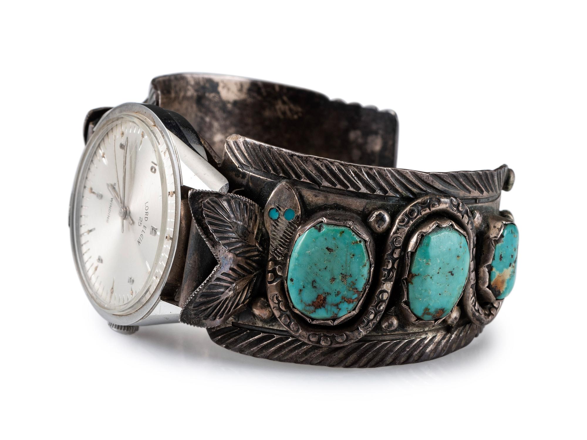 Navajo or Zuni Silver and Turquoise Watch Cuff, with Snake Design