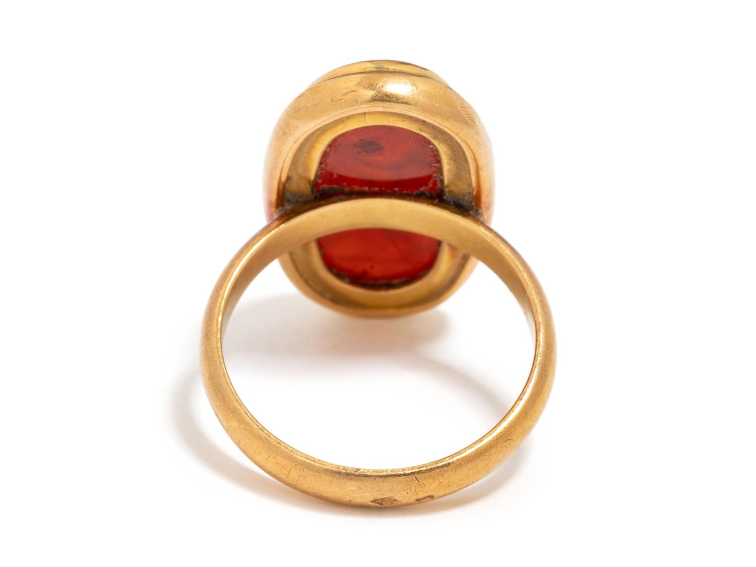 A Roman Carnelian Ring Stone with the Queen Omphale Dressed as Hercules — Set in a gold ring