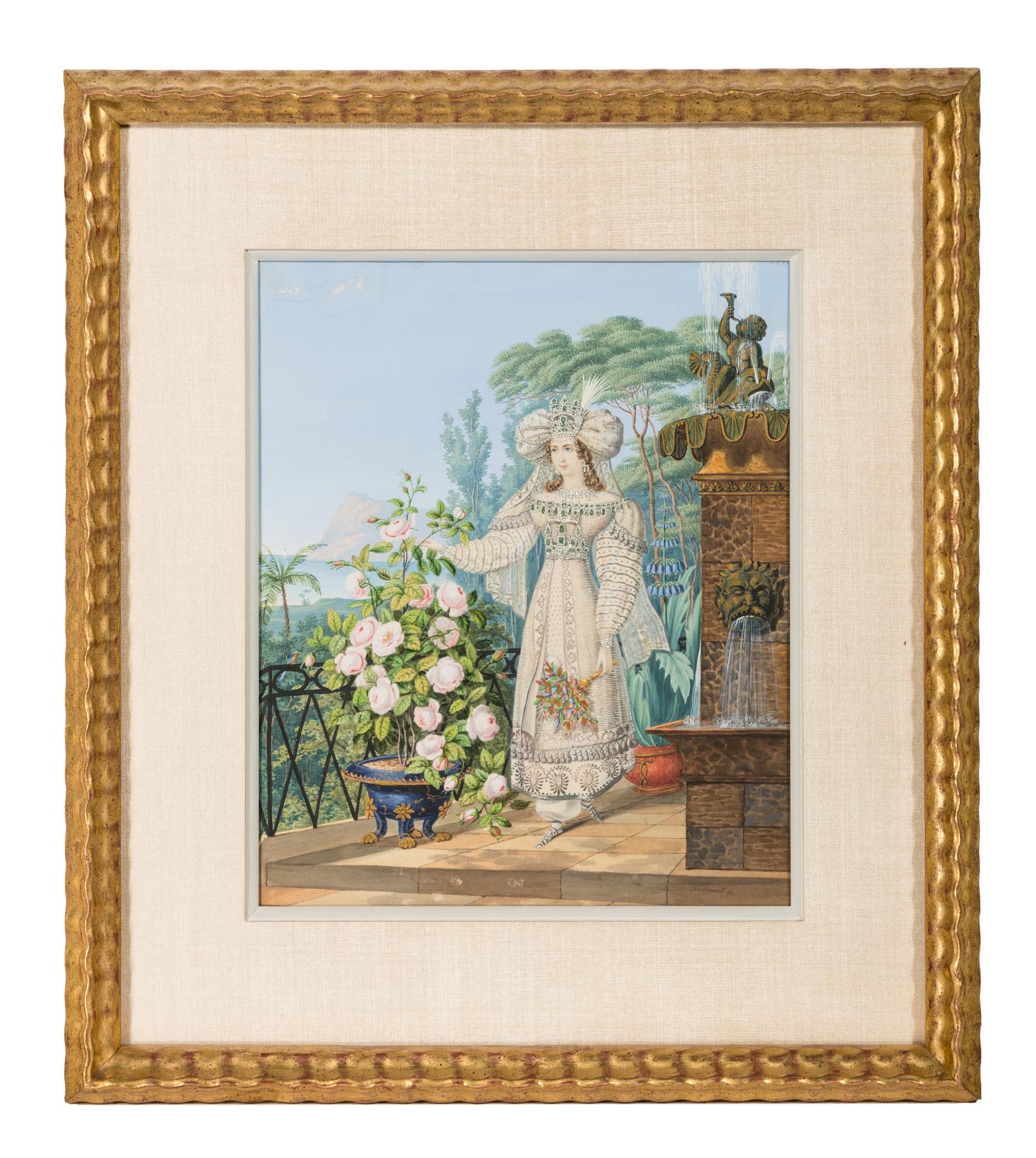 Oriental Lady with Roses on a Terrace