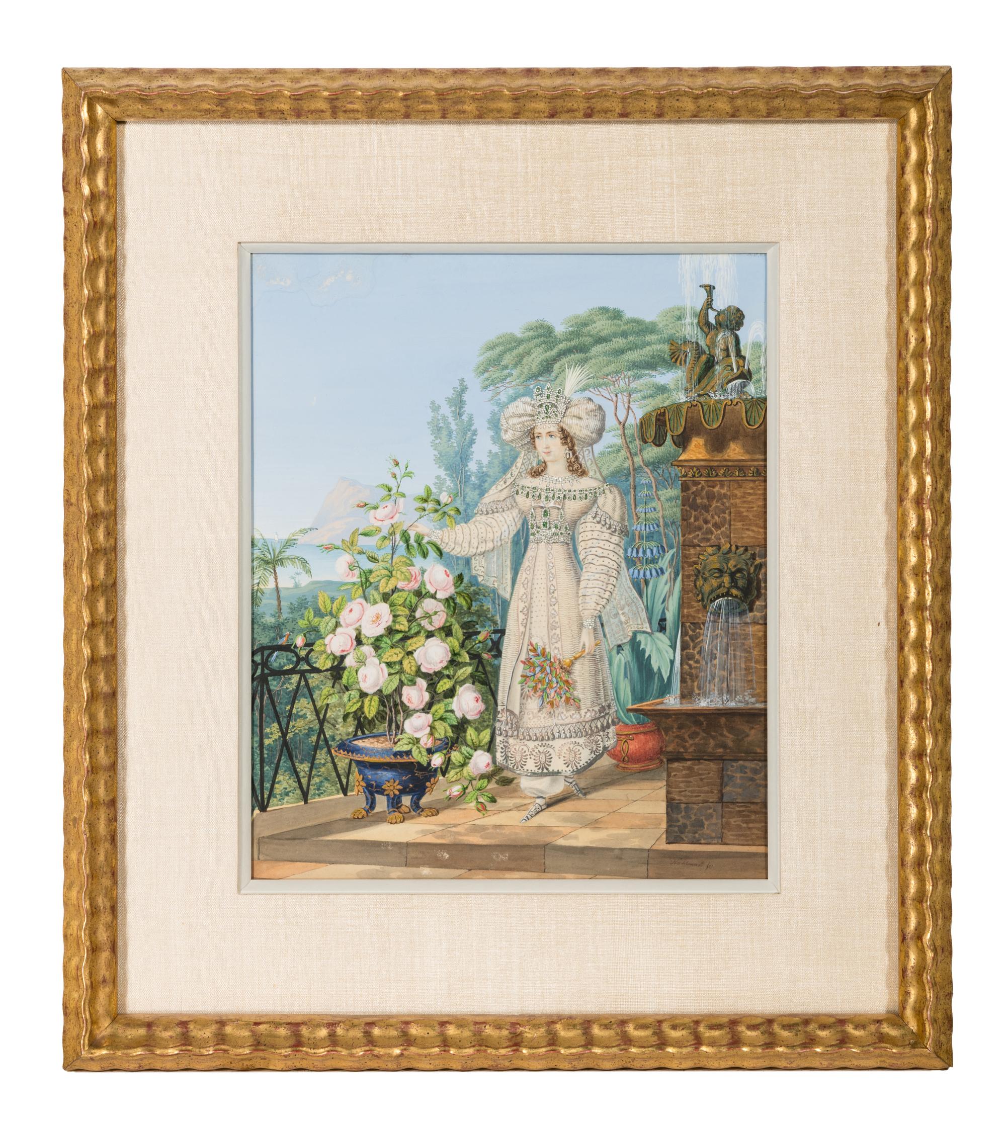 Oriental Lady with Roses on a Terrace