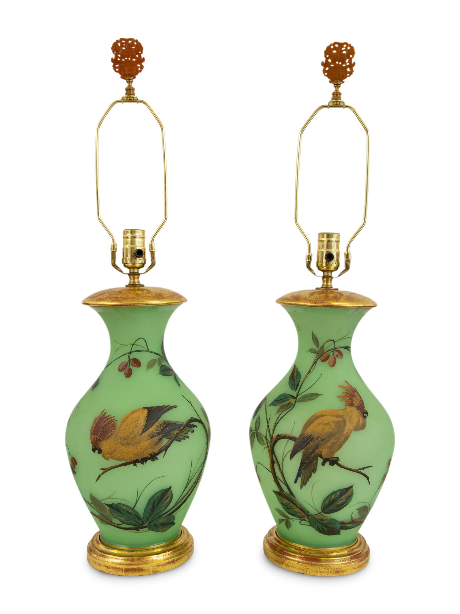 A Pair of French Green Opaline Glass Vases, Now Mounted as Lamps