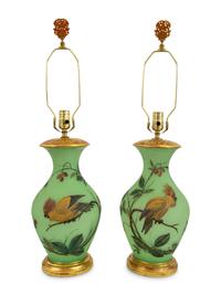 A Pair of French Green Opaline Glass Vases, Now Mounted as Lamps