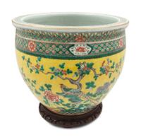 A Chinese Yellow Ground Famille Rose Porcelain Fish Bowl