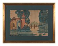 American School 19th Century, A Landscape with Buildings and Stream , Circa 1820