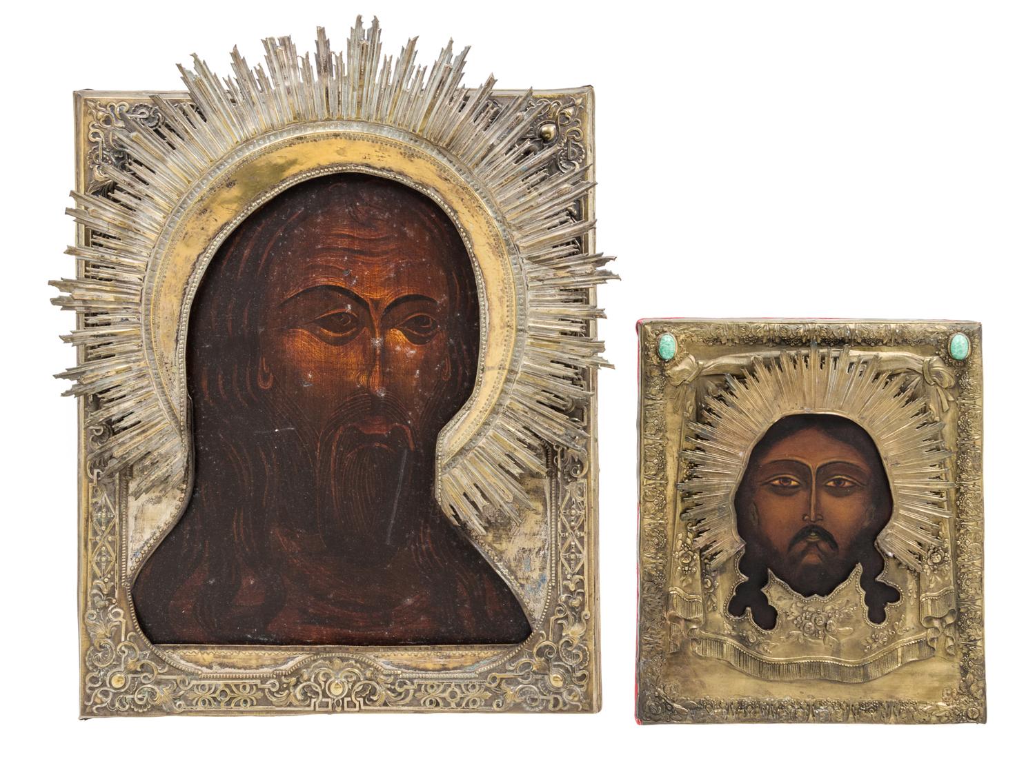 Two Russian Oklad Icons Height of larger 21 1/4 x width 17 1/4 inches. — 20TH CENTURY