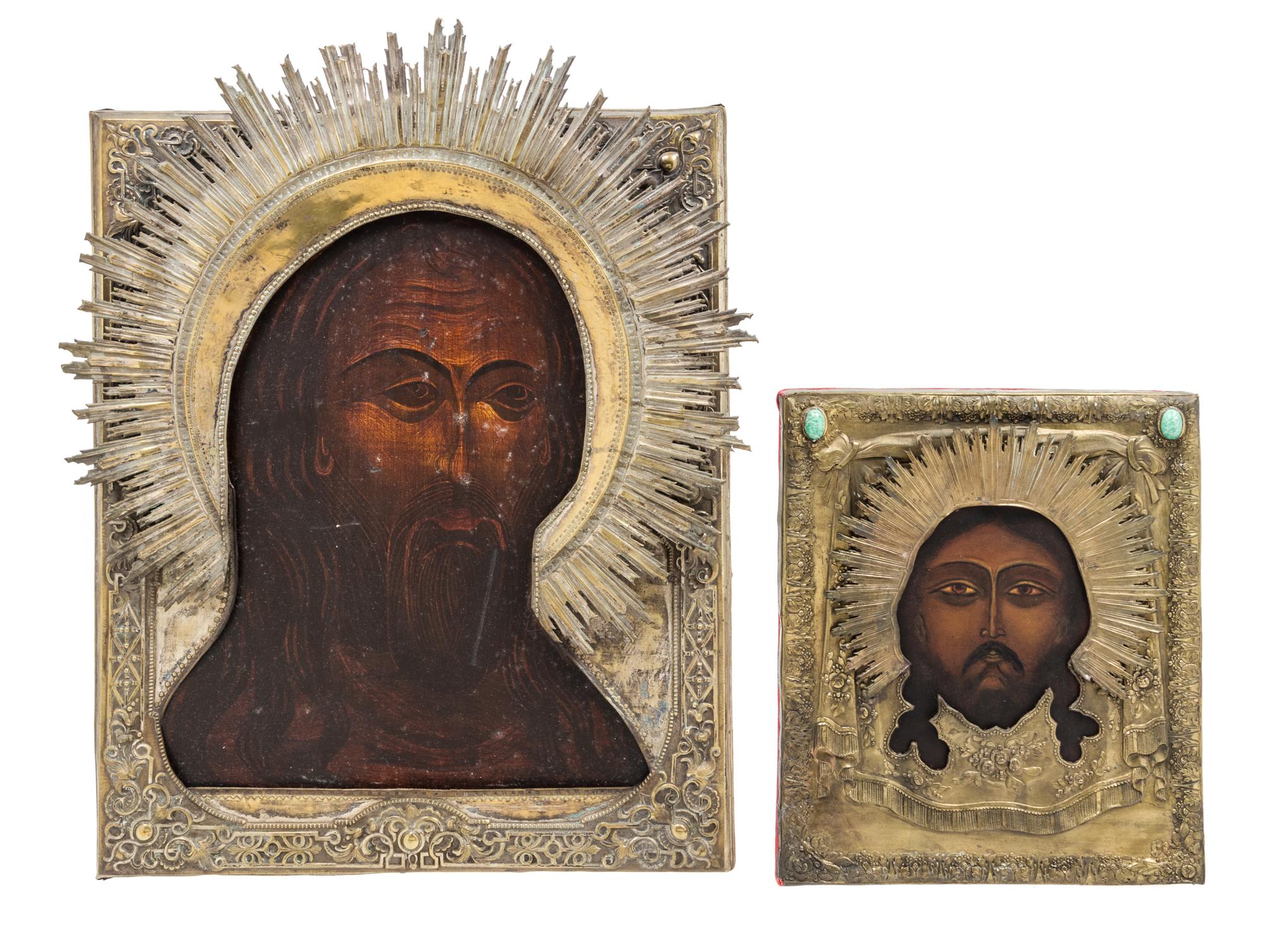 Two Russian Oklad Icons Height of larger 21 1/4 x width 17 1/4 inches. — 20TH CENTURY