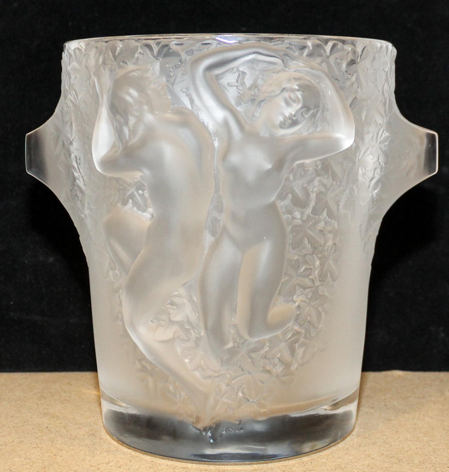 A Lalique Molded and Frosted Glass Ice Bucket. Height 9 1/4 inches.