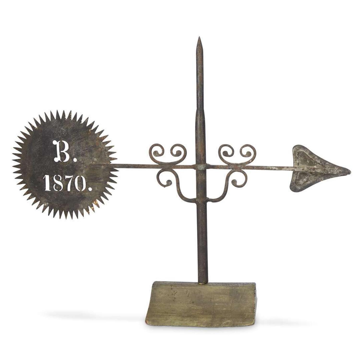 Wrought and sheet iron bannerette weathervane Pierced with the letter "B" and the date "1870"