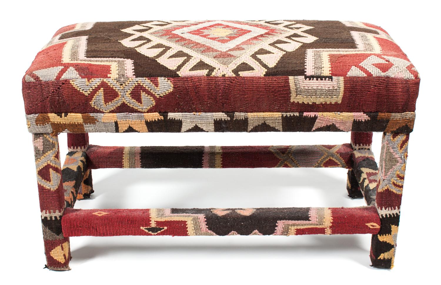 A Kilim Upholstered Bench Height 21 x width 35 x depth 17 inches. — 20TH CENTURY