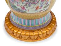 A Pair of Chinese Export Enameled Porcelain Vases with Giltwood Bases