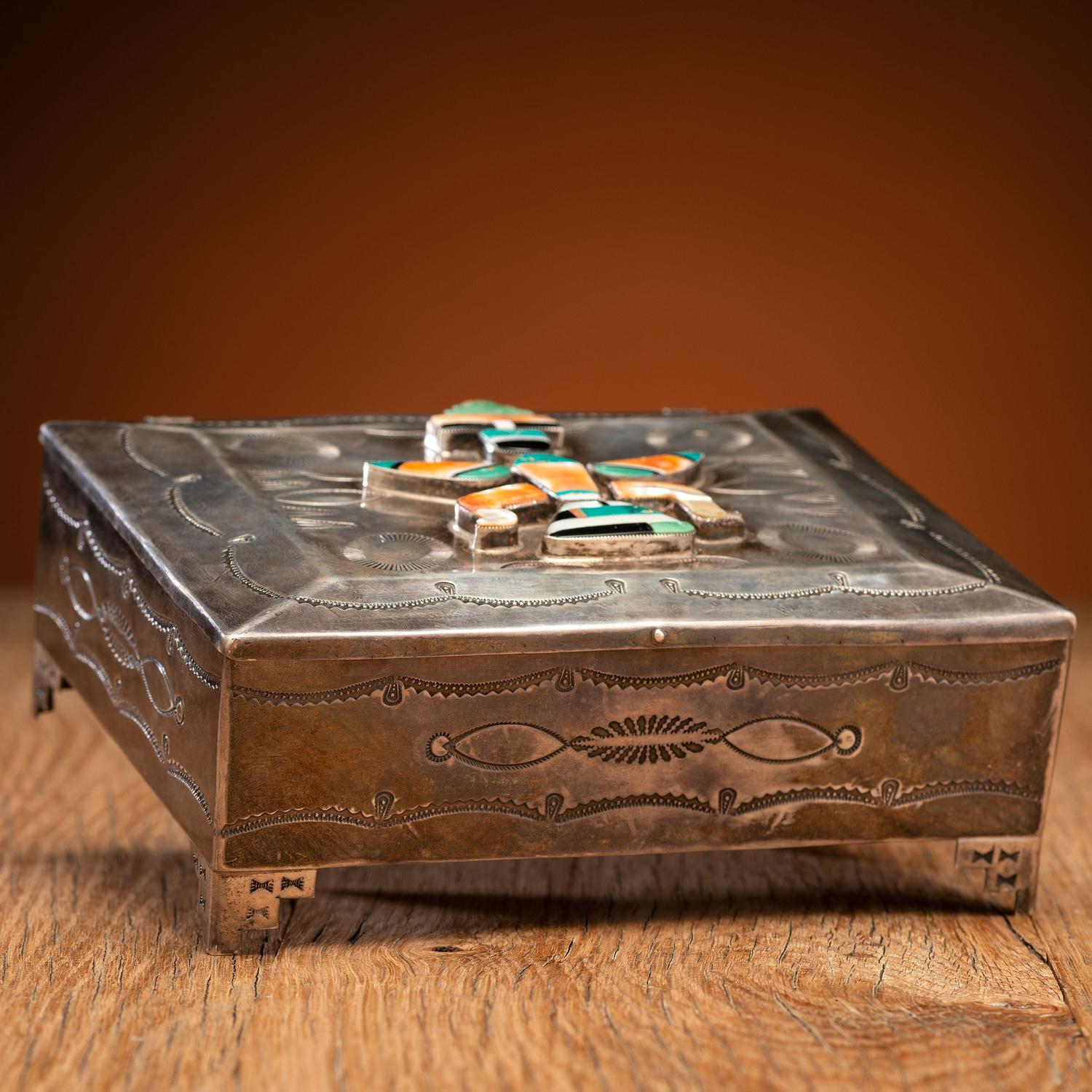 Navajo Stamped Silver Box, with Zuni Mosaic Inlay Knifewing