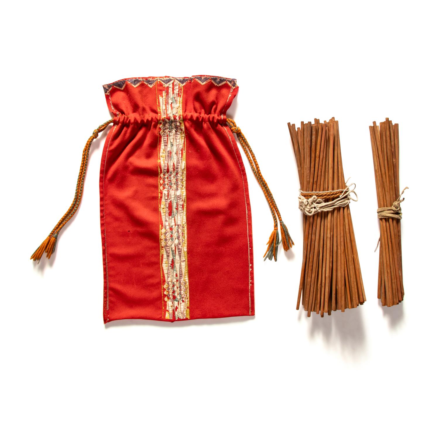 Osage Game Sticks, with Ribbonwork Drawstring Bag