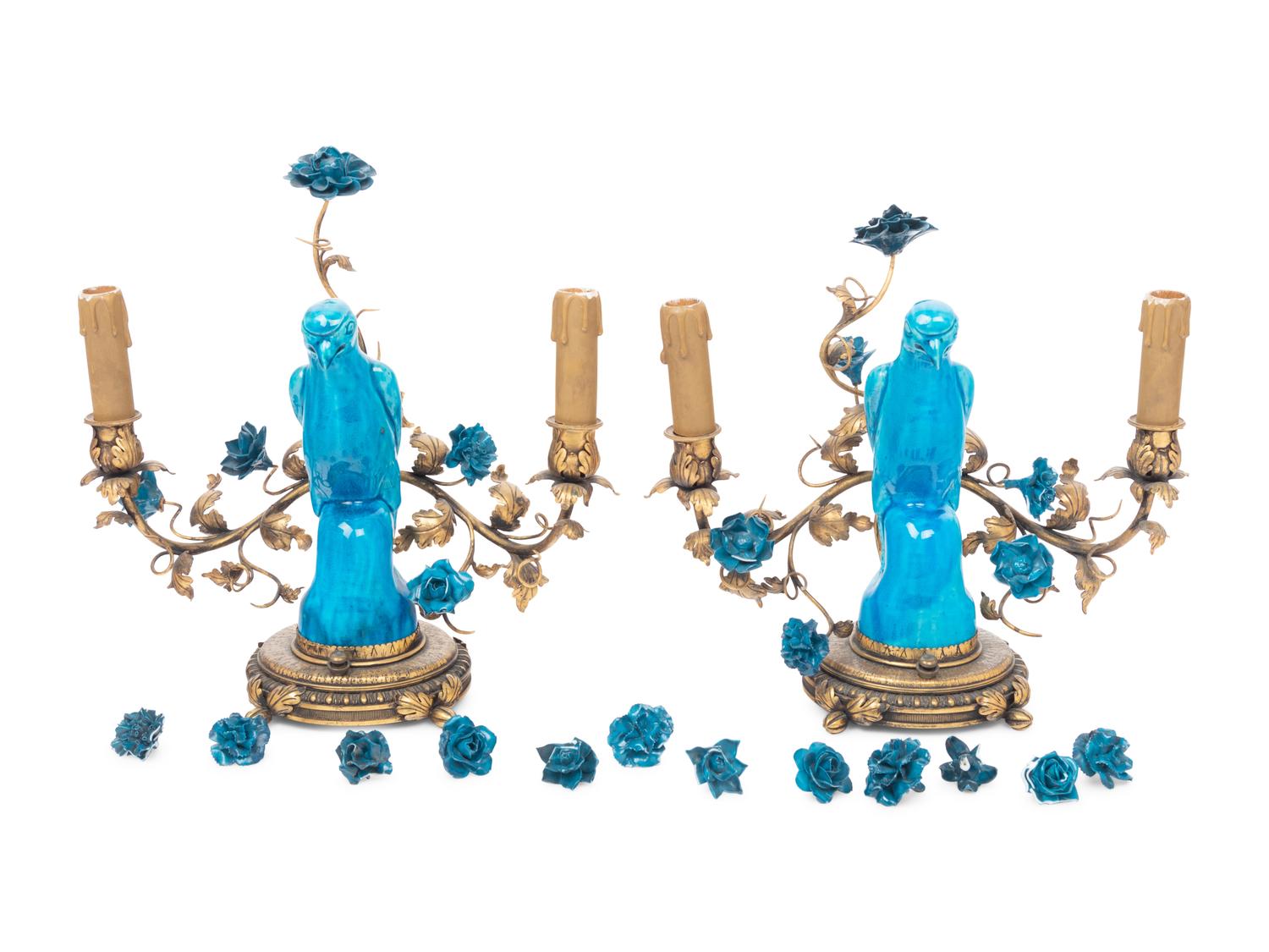 A Pair of Chinese Export Porcelain and Gilt Metal Mounted Two-Light Lamps