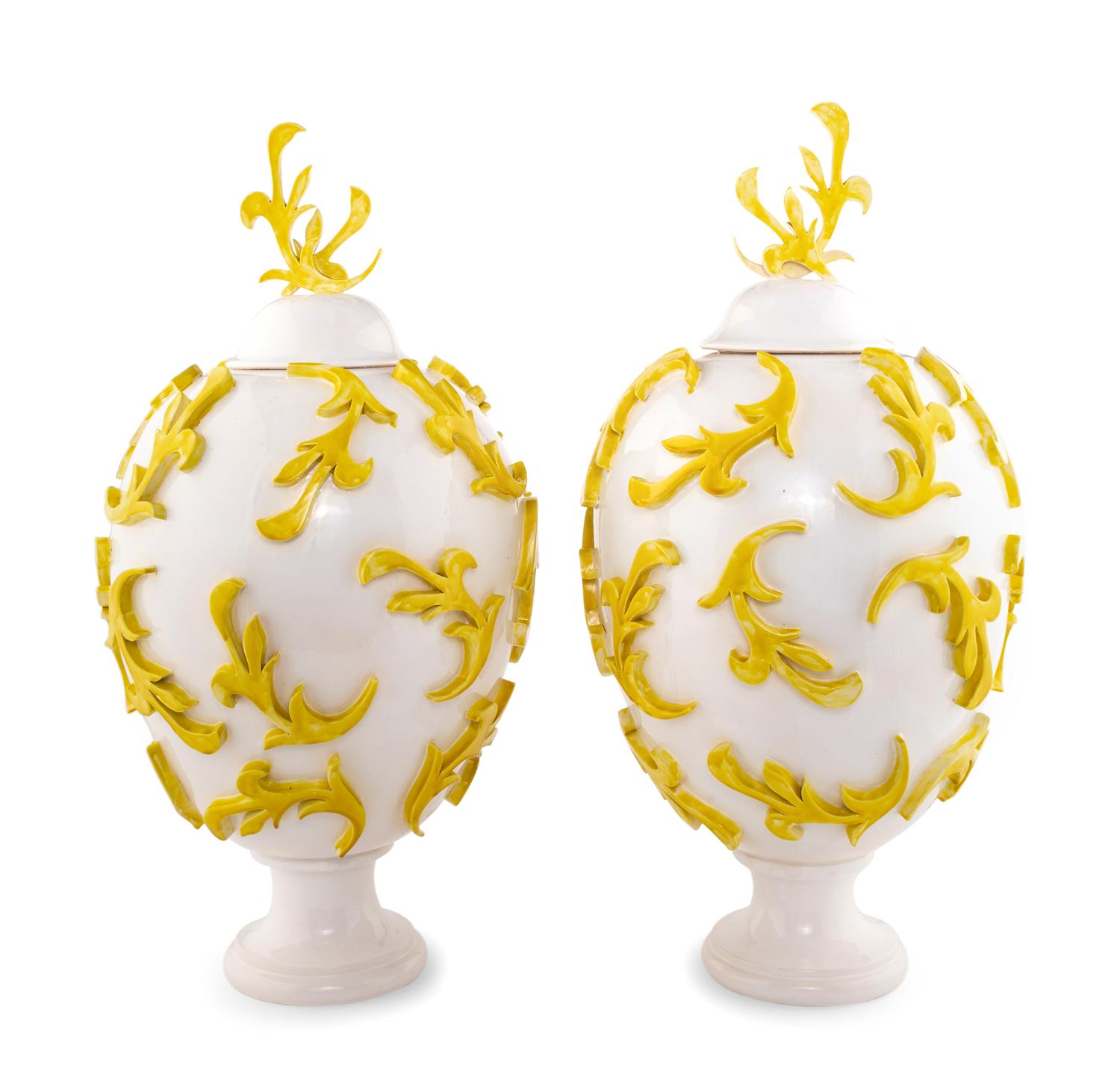 A Pair of White and Yellow Glazed Ceramic Urns by Jean-Jacques Roger